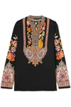 ETRO PRINTED TWILL-TRIMMED SILK-CREPE BLOUSE