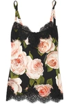 DOLCE & GABBANA LACE-TRIMMED FLORAL-PRINT SILK-BLEND CAMISOLE