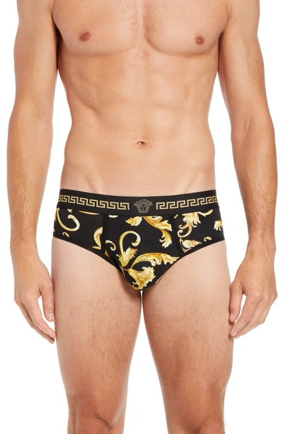 Versace Graphic Baroque Low-rise Briefs In Black/ Gold