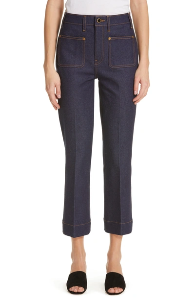 Khaite Raquel Patch-pocket Crop Flare Jeans, Blue In Raw