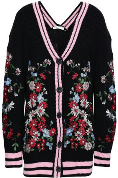 Maje Woman Embroidered Knitted Cardigan Black