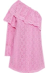 MSGM MSGM WOMAN ONE-SHOULDER RUFFLED BRODERIE ANGLAISE COTTON MINI DRESS PINK,3074457345619954271