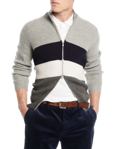 Brunello Cucinelli Men's Cashmere Chevron Colourblock Zip Cardigan In Grey