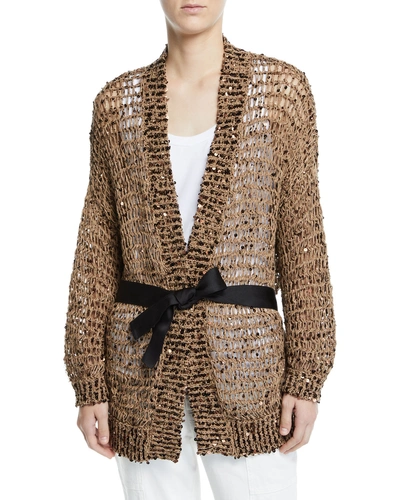 Brunello Cucinelli Sequined Netted Wrap Cardigan In Brown