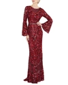 Mac Duggal Sequin Bell-sleeve Column Gown With Open Back In Burgundy