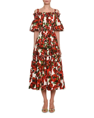 Dolce & Gabbana Cold-shoulder Floral-print Cotton-poplin Midi Dress In Haaa5 Panna