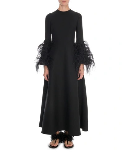 Valentino Feather-trimmed Wool And Silk-blend Maxi Dress In Black