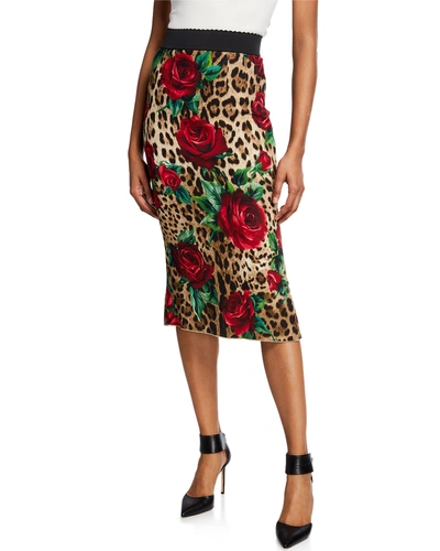 Dolce & Gabbana Leopard And Rose-print Cady Pencil Skirt In Multicoloured