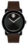MOVADO 'BOLD' LEATHER STRAP WATCH, 42MM,3600443