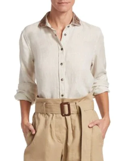 Brunello Cucinelli Embroidered-collar Linen Button-front Blouse In Oyster