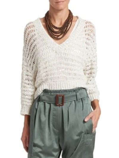 Brunello Cucinelli Sequined Netted V-neck Sweater W/ Underpinning In White