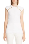 Balmain Button-embellished Ribbed-knit Top In Blanc
