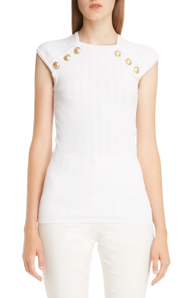 Balmain Button-embellished Ribbed-knit Top In Blanc