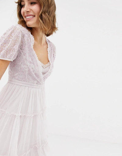 Needle Thread Embroidered Tulle Midi Dress With Cap Sleeve In Lavender purple ModeSens
