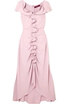 Sies Marjan Portia Ruffled Ruched Crepe Marocain Midi Dress In Pastel Pink