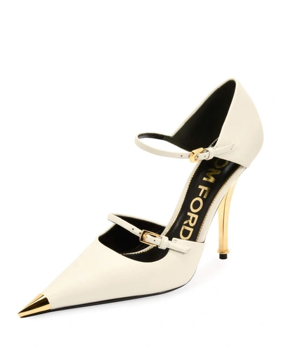 Tom Ford Two-strap Mary Jane Pumps With Pointed Metal Toe In White