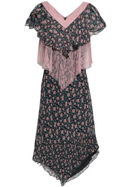 Anna Sui Chantilly Lace-paneled Floral-print Silk-gauze Dress In Black