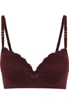 STELLA MCCARTNEY WOMAN STELLA SEAMLESS LACE-TRIMMED STRETCH-JACQUARD PUSH-UP BRA BURGUNDY,US 2507222119626310