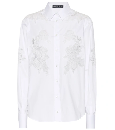 Dolce & Gabbana Long-sleeve Button-front Lace-inset Poplin Blouse In White