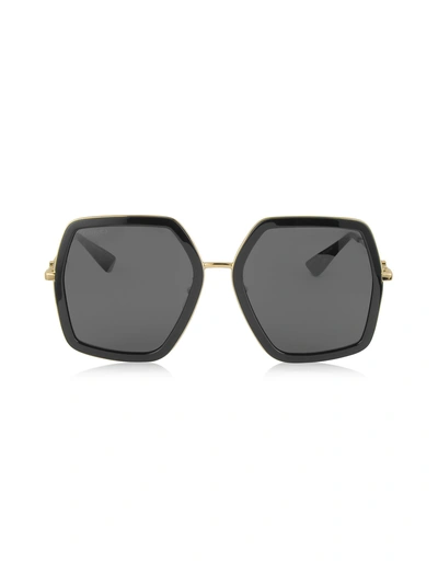 Gucci Gg0106s 001 Black Acetate And Gold Metal Square Oversized Women's Sunglasses In Noir