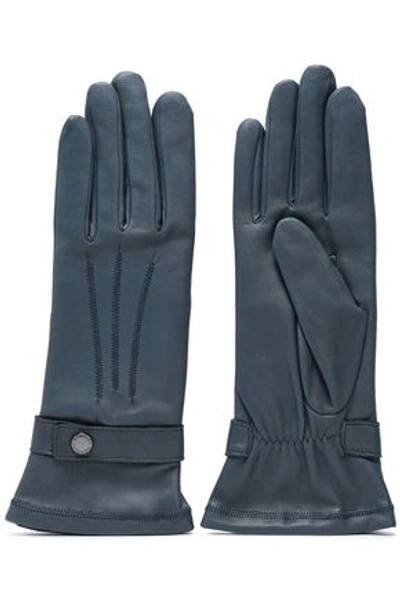 Agnelle Woman Celine Snap-detailed Leather Gloves Storm Blue