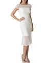 Kay Unger Boat-neck Short-sleeve Textured Lace Sheath Dress W/ Flounce Hem In White