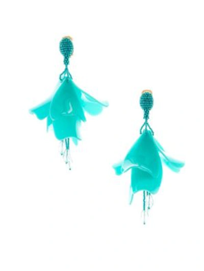 Oscar De La Renta Large Impatiens Clip-on Drop Earrings In Cyan