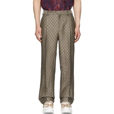 Gucci Brown & White Gg Supreme Wool Trousers In Neutrals