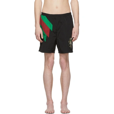 Gucci Web-striped And Tiger Head Swimshorts In Black