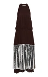 Tibi Claude Sequin Panel Halterneck Dress In Brown