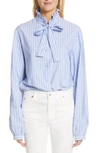 GUCCI LOGO STRIPE TIE NECK BLOUSE,545402ZAAER