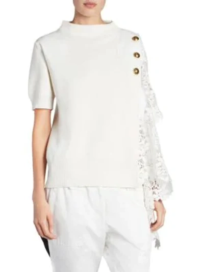 Sacai Lace-sleeve Button Detail Crewneck Sweater In White