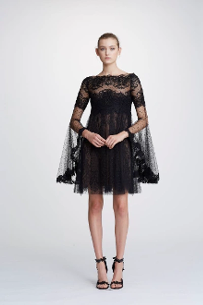 Marchesa Point D'espirit Tulle And Lace Mini Dress In Black