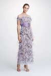 MARCHESA OFF SHOULDER TULLE ANKLE LENGTH GOWN,MC19PFG6811-2