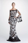MARCHESA CORDED LACE OFF SHOULDER GOWN,MC19PFG6818-2