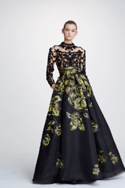 Marchesa Floral-embroidered Silk-jacquard And Lace Gown In Black/citrine