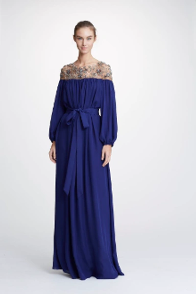 Marchesa Double Georgette Navy Caftan Gown