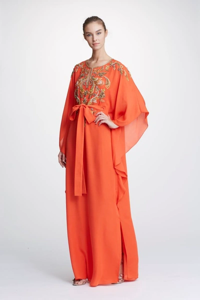 Marchesa Embroidered Silk Georgette Caftan In Orange