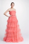 MARCHESA NOTTE STRAPLESS FLORAL STRIPE TULLE BALL GOWN,MN19PFG0920C-7