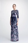MARCHESA NOTTE 3/4 SLEEVE EMBROIDERED GUIPURE GOWN,MN19PFG0927N-8