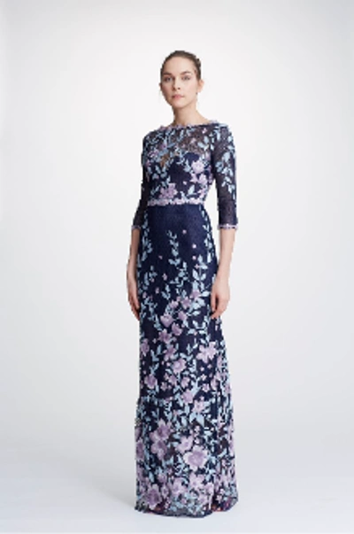 Marchesa Notte 3/4 Sleeve Embroidered Guipure Gown In Navy