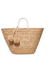 KAYU ST TROPEZ POMPOM-EMBELLISHED EMBROIDERED WOVEN STRAW TOTE