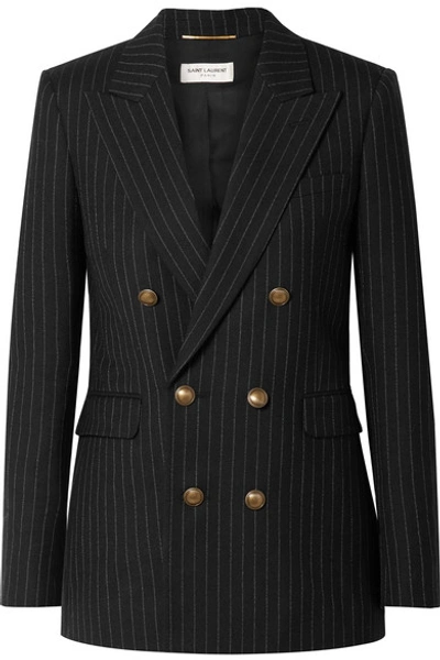Saint Laurent Double-breasted Pinstriped Wool Blazer In Black
