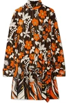 PRADA APPLIQUÉD PLEATED FLORAL-PRINT JERSEY MINI DRESS