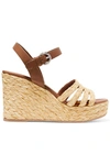 PRADA 105 LEATHER AND WOVEN RAFFIA ESPADRILLE WEDGE SANDALS