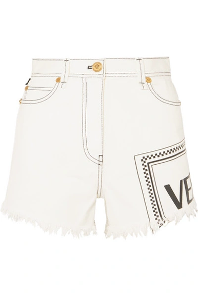 Versace Logo Print Raw Hem Denim Shorts In White