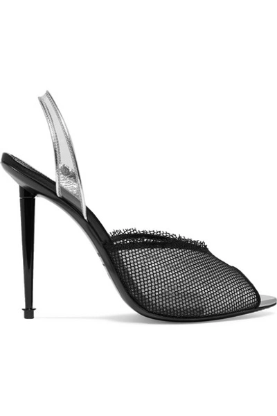 Tom Ford Metallic Leather, Pvc And Mesh Slingback Pumps In Black/pale Silver
