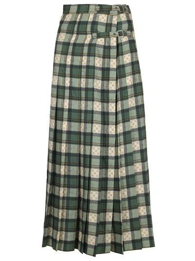 Gucci Tartan Check Wool Twill Maxi Skirt In Green/ Rose Beige Print