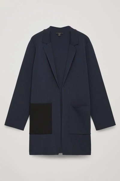 Cos Long Structured Knit Jacket In Blue