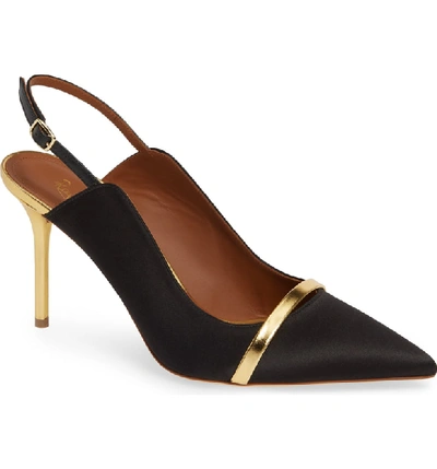 Malone Souliers Marion 85 Metallic Leather-trimmed Satin Slingback Pumps In Black
